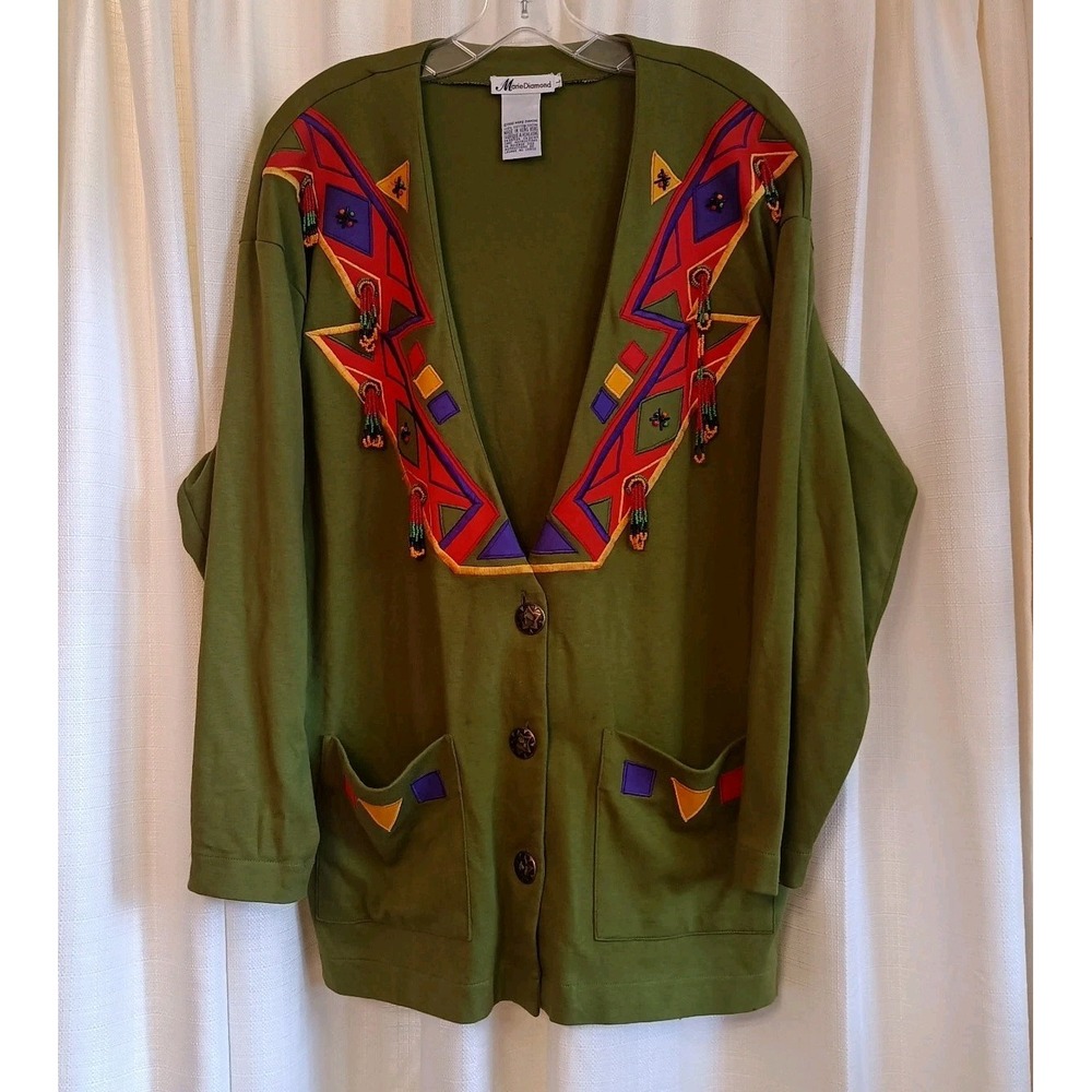Marie Diamond Women's Size‎ L Green Embroidered Beaded Cardigan Vtg 1992